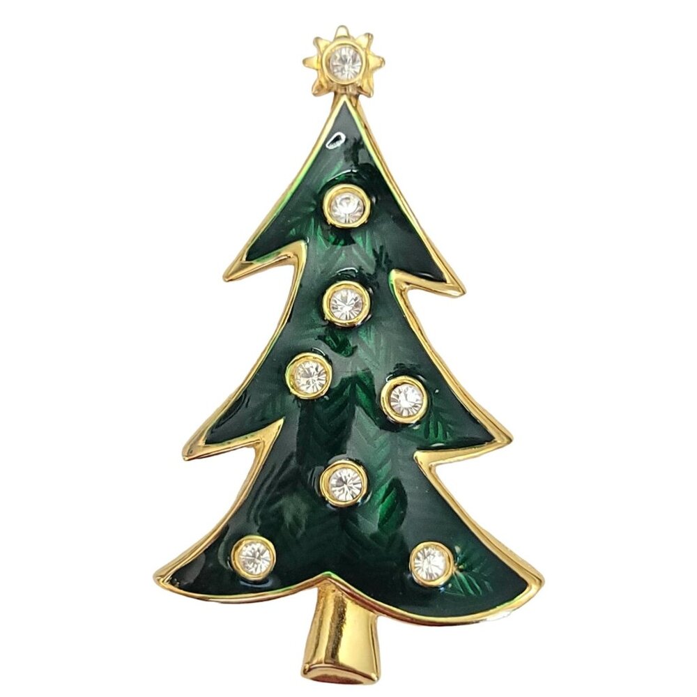 LIA Gold Tone Green Enamel Clear Rhinestone Christmas Tree Brooch, Signed M738